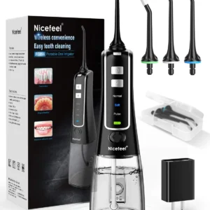 This cordless water flosser features a 300ml detachable water tank, 3 cleaning modes, and comes with 4 jet tips for effective teeth cleaning and improved gum health at home or while traveling.