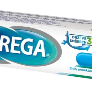 A tube of Corega Extra Strong denture adhesive cream promises a secure, all-day hold with a refreshing mint flavor and zinc-free formula.