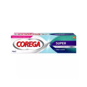 A tube of Corega Super Strong Cream, a denture adhesive that provides a strong, lasting hold, creates a barrier against gum irritation, and prevents food particles from getting trapped under dentures.
