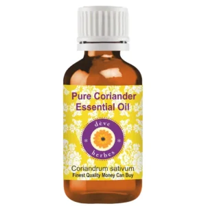 A 10ml bottle of Deve Herbes Pure Coriander Essential Oil, steam distilled and therapeutic grade, sits ready for use.
