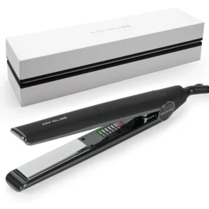 The Corioliss C1 hair straightener features black chrome soft touch, professional titanium plates, and heats up in 20 seconds for smooth, polished hair.