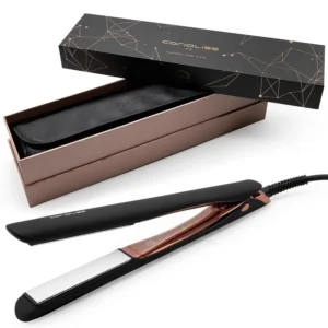 The Corioliss C5 professional hair straightener features tilting, ultra-soft titanium plates with adjustable temperature up to 235ºC, ionic technology for silky, shiny hair, and includes a travel case.
