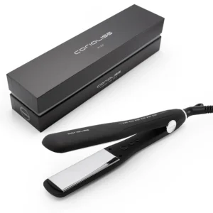 A wide plate black Corioliss hair straightener with titanium plates designed for professional use.