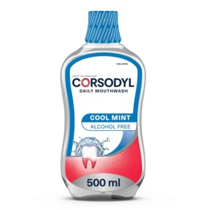 A 500ml bottle of Corsodyl Cool Mint alcohol-free mouthwash promotes daily gum health and provides 24-hour protection against plaque build-up.