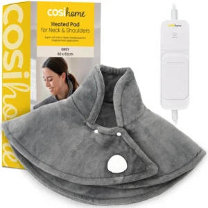 The Cosi Home electric heating pad is made of super-soft grey fleece and designed to wrap around the neck and shoulders for targeted pain relief.