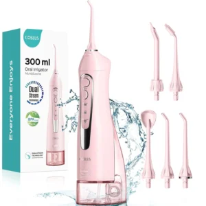 The COSLUS C20 pink cordless water flosser provides effective teeth cleaning with its high-pressure pulse technology and multiple modes, offering a convenient and portable solution for maintaining a healthy mouth at home or while traveling.