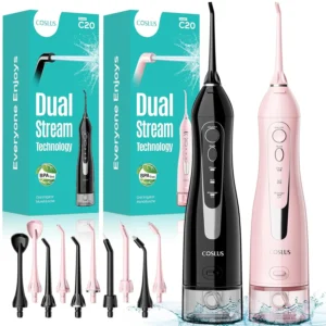 This image shows a two-pack of COSLUS C20 cordless water flossers with large 300ml capacity tanks, designed for effective teeth cleaning, gum care, and braces maintenance, featuring IPX7 waterproof design for safe use in the shower and long 30-day battery life.