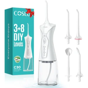This cordless COSLUS water flosser is designed for deep cleaning and gum care, featuring multiple modes, a large water tank, and included nozzles for effective teeth and braces cleaning on the go.