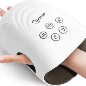 The cotsoco white cordless hand massager provides heat and compression therapy to relieve arthritis and carpal tunnel pain.
