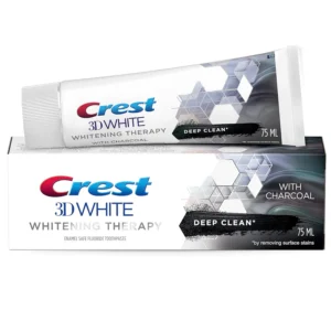 Tube of Crest 3D White Charcoal toothpaste gently whitens teeth, freshens breath with mint, and helps strengthen enamel.