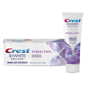 Crest 3D White Brilliance Perfection toothpaste removes surface stains in 3 days, protects enamel, prevents cavities and tartar, freshens breath, and offers advanced whitening.