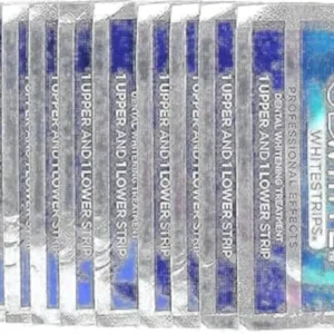 This image shows Crest 3D Whitestrips Professional Effects for teeth whitening at home, providing results that last up to 12 months with daily 30-minute application, featuring advanced seal technology for a no-slip grip.