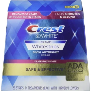 Package of Crest 3D Whitestrips LUXE Glamorous White with 28 teeth whitening treatments.