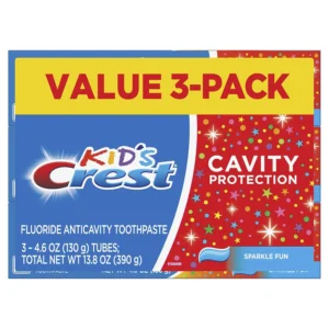 Crest Kid's Sparkle Fun toothpaste pack of three, with Fluoristat to fight cavities and protect tooth enamel, accepted by the ADA for its effectiveness in preventing tooth decay in children.