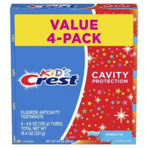 Crest Kids Sparkle Fun Toothpaste protects against cavities with Fluoristat and a kid-approved flavor.
