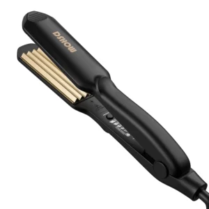 Black DSHOW crimping iron with titanium ceramic plates helps create 80s-inspired voluminous, shiny, and frizz-free waves.