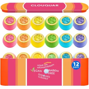A set of twelve colorful crystal bath bombs, made with natural essential oils and nourishing bath salts, are displayed as ideal self-care gifts for women.