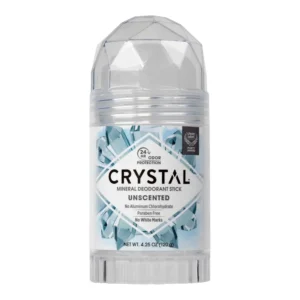 A CRYSTAL Deodorant Stick, a naturally-derived mineral salt deodorant that provides 24-hour odor control without aluminum, parabens, or artificial fragrances, offering gentle and invisible protection.