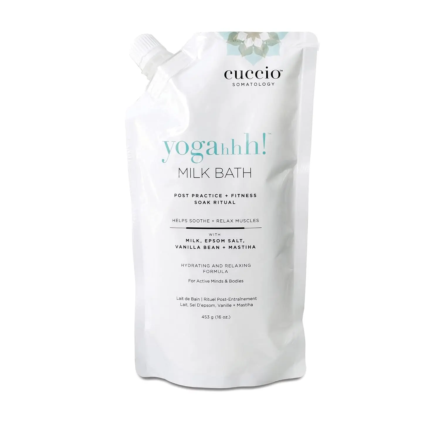 Cuccio Somatology milk bath soaking in water helps relieve sore muscles and hydrate dry skin for full body wellness and relaxation.
