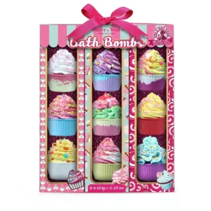 This set of nine cupcake bath bombs, individually fragranced with natural fruit and plant extracts, provides a vegan and cruelty-free pampering experience.