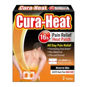 This image shows a 2 pack of Cura-Heat Back Pain MAX direct to skin heat patches for back pain relief.