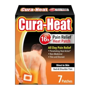 Seven Cura-Heat pain relief patches providing long-lasting, deep penetrating heat for targeted warming relief of back and shoulder pain, promoting increased blood circulation to relieve muscle soreness and stiffness.