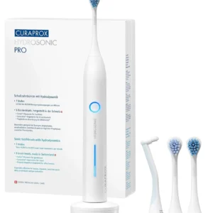 The Curaprox Hydrosonic Pro electric toothbrush provides customized oral care with 7 cleaning levels and comes with multiple brush heads, a travel case, and charging accessories.