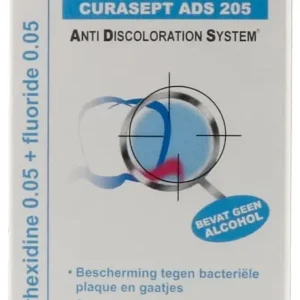 A bottle of alcohol-free Curasept Ads 205 mouthwash providing protection against bacterial plaque and caries while respecting the natural white of teeth.