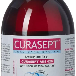 Curasept Ads 020 mouthwash helps soothe oral irritation, fights plaque with chlorhexidine, and promotes healthy gums.