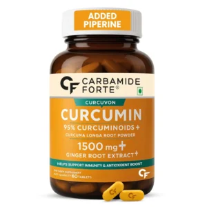 Carbamide Forte curcumin supplement with piperine and 95% curcuminoids supports joint comfort, reduces inflammation, and boosts immunity for adults with its powerful curcumin turmeric and ginger formula.