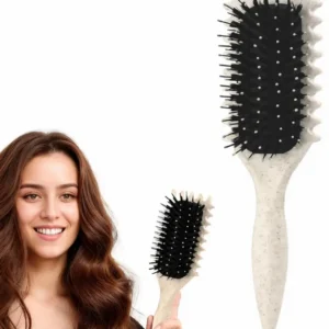 This beige curl defining brush features an ergonomic design for easy detangling, styling, and shaping all hair types, perfect for creating various trendy hairstyles at home or on the go.