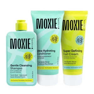 Moxie Beauty curly hair trio with shampoo, conditioner, and curl cream defines curls, boosts moisture, reduces frizz, and soothes the scalp for healthy, defined hair.