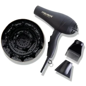 Curlsmith Defrizzion hair dryer with a large diffuser attachment gently dries curly hair, reducing frizz and enhancing definition.