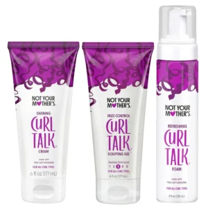 Not Your Mother's Curl Talk 3-pack includes frizz control sculpting gel, defining cream, and refreshing curl foam formulated with rice curl complex for all curl types.