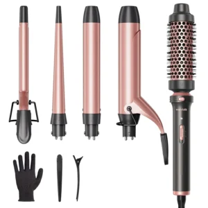 Rose gold wavytalk 5 in 1 curling iron set with four interchangeable ceramic wands and a unique curling brush for creating different hairstyles, featuring instant heat-up and dual voltage.