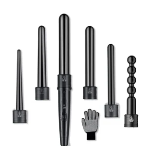 This 6-in-1 ceramic curling iron set features interchangeable barrels for creating various curl types and has adjustable temperature settings with an LED display.