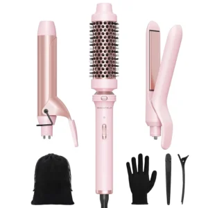 This 3 in 1 Wavytalk curling iron set includes a heated brush, a 1 1/4 inch curling iron, and a flat iron for creating various hairstyles.