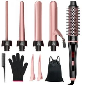 This 5-in-1 curling iron and thermal brush set features interchangeable ceramic barrels for creating diverse hairstyles like curls and voluminous blowouts, perfect for travel and gifting.