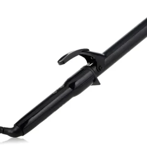 This pro curling iron features a durable titanium coating with diamond dust, precise temperature control, automatic shutoff, and a built-in stand for safe and convenient use on all hair types.