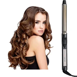 Professional tourmaline ceramic curling iron with adjustable heat and anti-skid grip for creating various curl types without damaging hair.