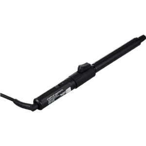 Black curling iron with advanced technology aluminum plate for rapid curling and soft, healthy hair, featuring a heat-resistant skid-proof silica cover and non-tangle swivel cord.