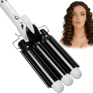 A sleek black 1 inch curling iron wand with adjustable temperature and dual voltage for creating wavy curls.