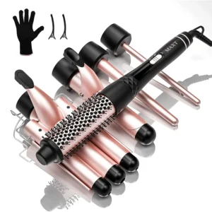 This 5-in-1 MAXT curling iron set features interchangeable barrels, including a triple barrel for beachy waves and a curling brush for versatile hairstyles, all with ceramic tourmaline technology for reduced frizz.