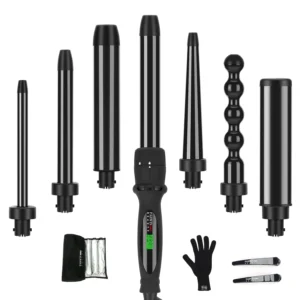 This 7 in 1 curling iron wand set features interchangeable ceramic barrels for creating various curl types and includes adjustable temperature settings for safe and effective styling on all hair types.