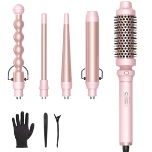 This pink wavytalk 5 in 1 curling iron wand set includes a curling brush and four interchangeable ceramic barrels for creating diverse hairstyles.
