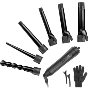 This 6-in-1 curling iron wand set features interchangeable ceramic barrels for creating versatile hairstyles, from tight ringlets to loose waves, perfect for travel with its dual voltage design and includes a heat-resistant glove.
