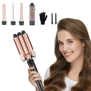 Rose pink 5 in 1 curling wand set with interchangeable barrels including a thermal brush and three ceramic curling wands for creating various hairstyles.