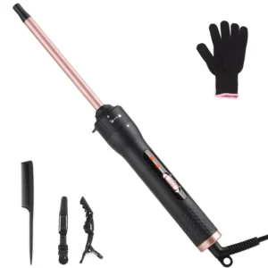 A 13mm ceramic curling wand designed for creating professional curls in short to long hair, featuring rapid heating and dual voltage, with a heat-resistant glove included.