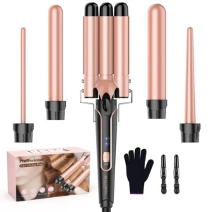 This 5 in 1 rose gold curling wand set includes a 3 barrel hair waver and crimper for creating salon-grade curls quickly on all hair types.