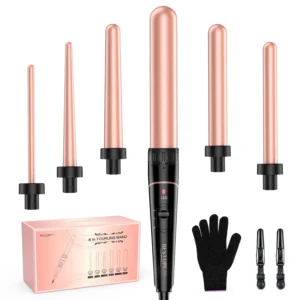 BESTOPE PRO 6-in-1 interchangeable curling wand set with a long barrel design, ceramic coating, adjustable temperature, and included heat-resistant glove and clips, perfect for creating versatile styles on medium to long hair.